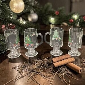Tienshan Christmas Tree Irish Coffee Mugs, Set of 4, Vintage Footed Glassware